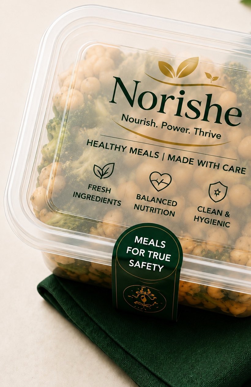 Norishé branded meal container, prepared with care